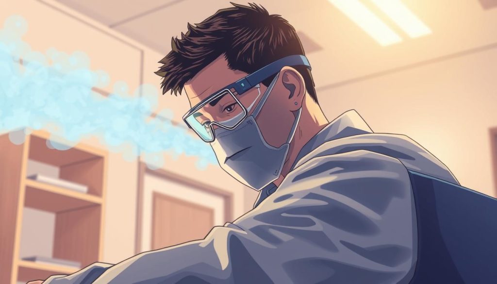 A well-lit, detailed illustration showcasing the safe usage of a negative ion generator. In the foreground, a person wearing protective gear, such as goggles and a mask, operates the device with care and caution. The middle ground features the negative ion generator emitting a soft, blue haze, while the background depicts a clean, well-ventilated indoor space, emphasizing the importance of proper air circulation. The overall mood is one of professionalism and responsibility, conveying the need for diligence and attention to safety when using such equipment.