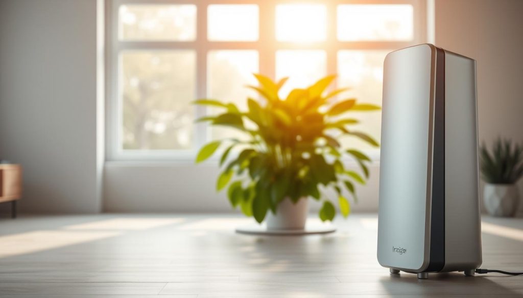 A well-lit, high-quality photograph of a sleek, modern ionizer machine positioned prominently in the foreground. The ionizer has a minimalist, elegant design with clean lines and a polished metallic finish. In the middle ground, a bright, airy room with large windows and soft, diffused natural lighting fills the scene. In the background, a lush, verdant indoor plant thrives, symbolizing the air purification benefits of the ionizer. The overall mood is serene, calming, and inviting, conveying the positive, health-enhancing effects of using an ionizer machine.