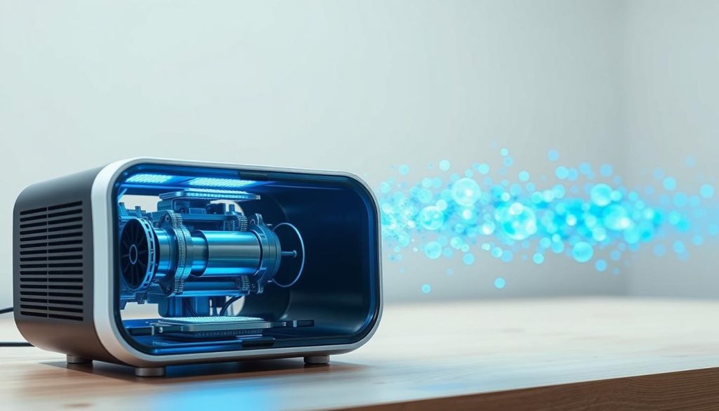 A well-lit, high-resolution photograph of a negative ionizer device, showcasing its inner workings and demonstrating its effectiveness. The device is placed in the foreground, its sleek, modern design and high-tech components clearly visible. The middle ground features a visual representation of negatively charged ions being released, depicted as glowing blue orbs or streams of energy. The background offers a clean, neutral setting, allowing the ionizer and its effects to be the central focus. The overall scene conveys a sense of scientific precision and functionality, highlighting the device's potential to purify the air and improve indoor air quality.