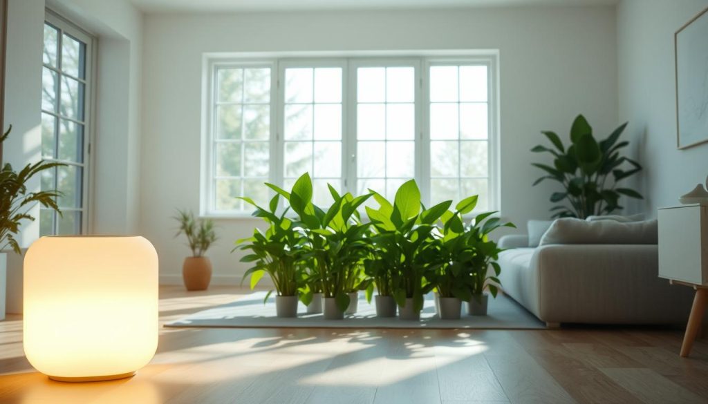 A well-lit interior space featuring a serene, natural-looking air purifier device. The device is prominently displayed in the foreground, emitting a soft, calming glow that radiates throughout the room. In the middle ground, lush, vibrant plants thrive, symbolizing the improved indoor air quality. The background depicts a tranquil, minimalist living space with large windows, allowing natural light to pour in and create a soothing, airy atmosphere. The overall scene conveys a sense of respiratory health, comfort, and the benefits of ozone-free negative ion technology.