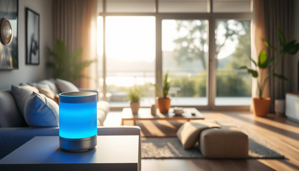 A well-lit, modern home interior with a prominent air ionizer device placed on a sleek, minimalist side table. The ionizer's sleek design and soft blue lighting create a calming, serene atmosphere. In the middle ground, plants and decor elements add a touch of natural ambiance. The background features large windows overlooking a tranquil outdoor scene, allowing natural light to fill the space. The overall composition conveys a sense of clean, fresh air and a harmonious, inviting home environment.