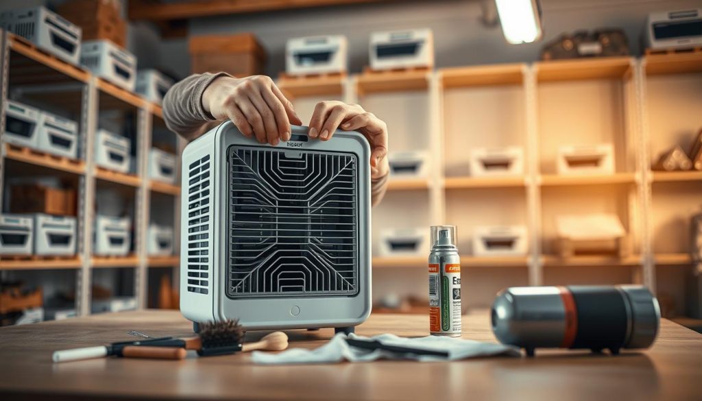 A well-lit workshop setting showcases a person meticulously cleaning a portable ionizer device. In the foreground, their hands delicately remove the front panel, exposing the inner workings. The middle ground features an array of maintenance tools, including a small brush, a microfiber cloth, and a can of compressed air. The background subtly depicts shelves stocked with similar ionizer models, conveying a sense of expertise and attention to detail. The overall atmosphere is one of focused, technical care, highlighting the importance of proper maintenance for optimal performance and air purification.