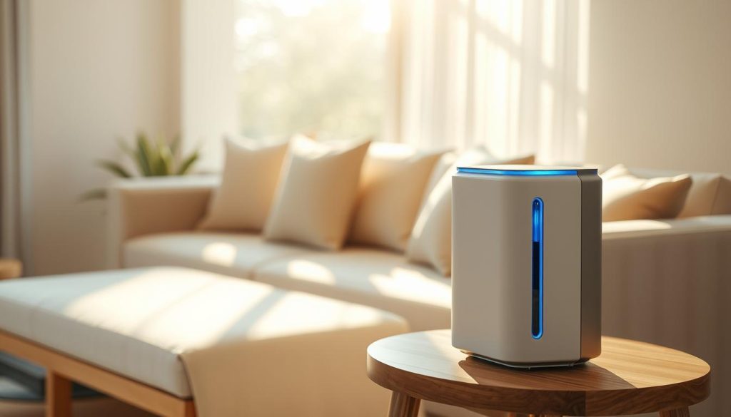 An eco-friendly ionizer machine standing in a minimalist, sun-dappled living room. The device, crafted from sleek white and muted metallic materials, sits atop a natural wood side table, its gently pulsing blue LED lights reflecting off the polished surface. Soft, warm lighting floods the space, casting a serene, calming atmosphere. The ionizer's streamlined, modern design blends seamlessly with the room's neutral color palette and organic textures, creating a harmonious, wellness-focused environment. The image conveys the device's efficient air purification capabilities while emphasizing its eco-friendly, energy-saving, and aesthetically-pleasing qualities.