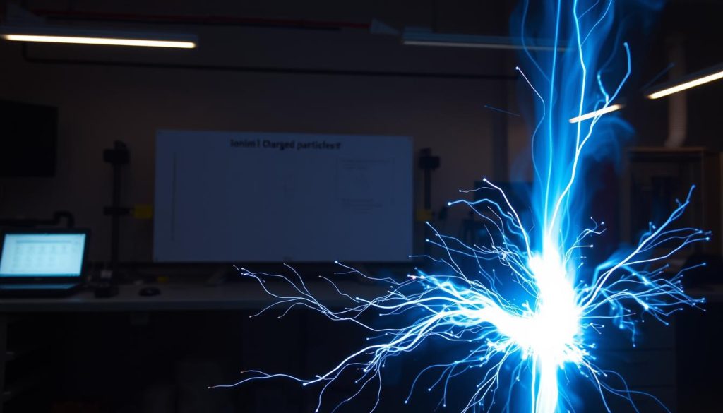 An electrifying scene showcasing the ionization process in action. In the foreground, a glowing plasma arc crackles and dances, its brilliant blue-white light illuminating the scene. In the middle ground, a schematic diagram depicts the flow of charged particles, illustrating the ionization of gas molecules. In the background, a scientific laboratory setting with high-tech equipment and instruments, hinting at the vast applications of this fundamental process. Dramatic lighting casts sharp shadows, creating a sense of depth and drama. Captured with a wide-angle lens to capture the full scope of this transformative phenomenon.