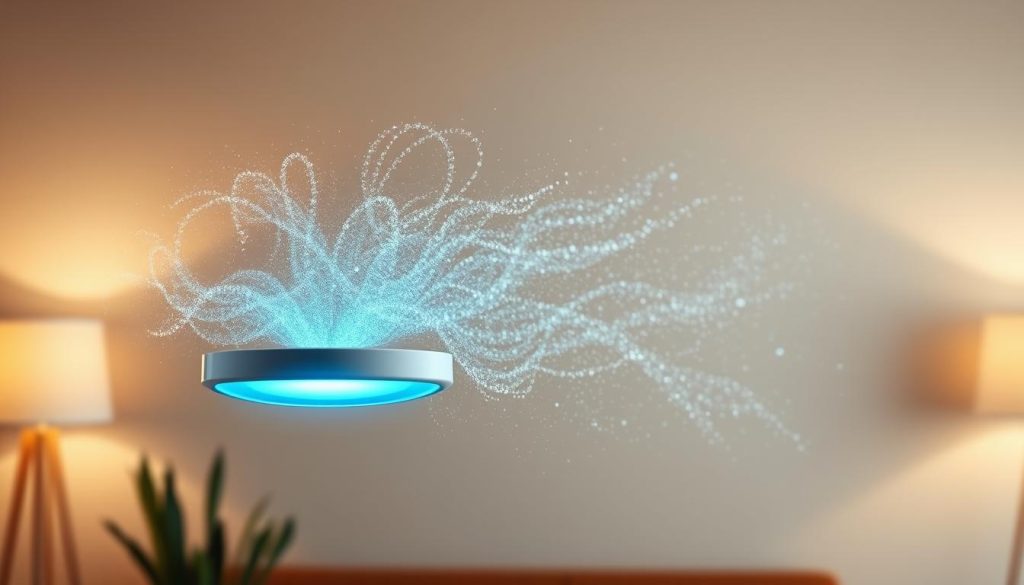 An ionization air purifier hovers in the foreground, its sleek design emitting a soft, blue glow. In the middle ground, charged air particles swirl and dance, forming a mesmerizing pattern of dynamic energy. The background fades into a serene, minimalist setting, highlighting the purifier's efficient, scientific functionality. Warm, diffused lighting casts a calming, natural ambiance, while strategic camera angles emphasize the purifier's ability to generate negatively charged ions, thought to offer various health benefits. The composition conveys a sense of balance, harmony, and the intersection of technology and wellness.