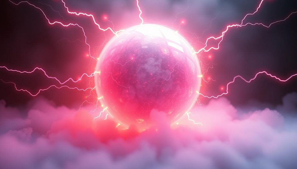 Detailed 3D render of the ionization process, showcasing the dynamic movement of electrons being stripped from neutral atoms in a high-energy environment. A glowing, luminous plasma sphere occupies the foreground, surrounded by a hazy, neon-tinged atmosphere. Wispy electric discharges crackle across the scene, illuminating the complex interplay of charged particles. The background depicts a shadowy, mysterious void, emphasizing the ethereal, otherworldly nature of the ionization phenomenon. Soft, dramatic lighting casts dramatic shadows, heightening the sense of dramatic tension and scientific intrigue. Captured with a wide-angle lens to provide a cinematic, immersive perspective.