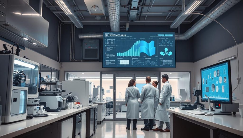 a highly detailed, cinematic, and technically accurate image of a scientific laboratory researching negative ion technology. The foreground shows a sleek, modern laboratory workstation with various scientific instruments and equipment, including high-tech air purifiers, ion generators, and analytical devices. The middle ground features a team of researchers in white lab coats intently studying data and experimental results projected on a large display screen. The background depicts the laboratory's interior, with clean, minimalist design elements, large windows allowing natural light to stream in, and advanced ventilation and air filtration systems visible. The overall scene conveys a sense of focused scientific inquiry, cutting-edge technology, and the pursuit of understanding the properties and applications of negative ions.